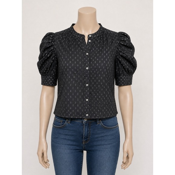 GAP Tops - Gap Womens Black Silver Metallic Clip Dot Puff Sleeve Button Front Blouse M